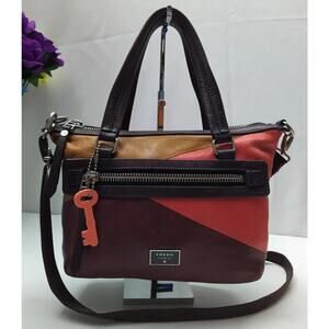 Fossil Dawson Multicolor Leather Double Handles Zipper Key Tag Satchel Bag